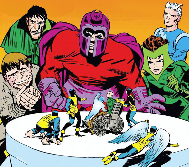 Scarlet Witch'in kostümünün yanlış boyandığı X-Men #4. Toad, Mastermind, Magneto, Scarlet Witch ve Quicksilver.