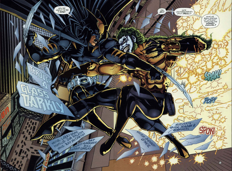 Earth-9602'de Batman ve Wolverine kırması karakter, Joker ve Sabretooth kırmasıyla kapışırken. Ay benim mideme bişiler oluyor!