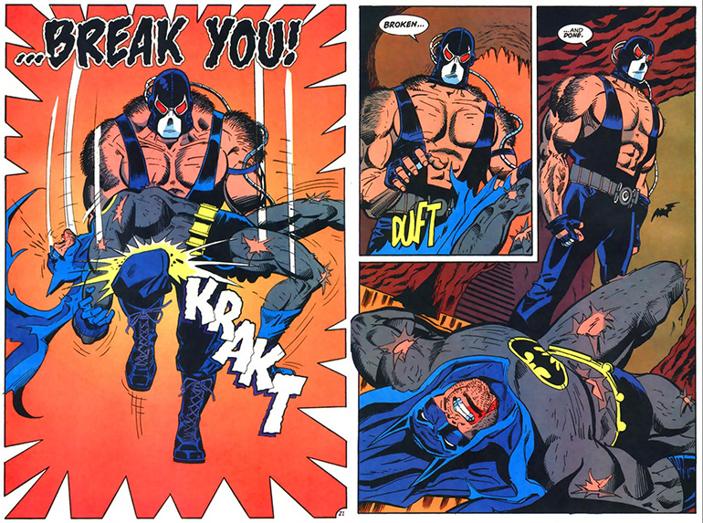 Bane'in Batman'in belini kırdığı sahne. Knightfall (1993)