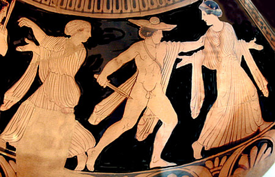 Orestes'in arkasında Elektra'yla Klytaimnestra'yı öldürüşü.