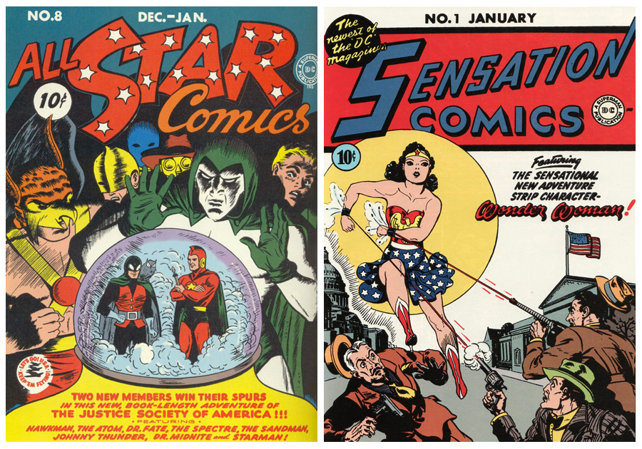 Wonder Woman'ın ilk kez göründüğü All Star Comics'in 8. sayısı ve sonradan görüneceği Sensation Comics.