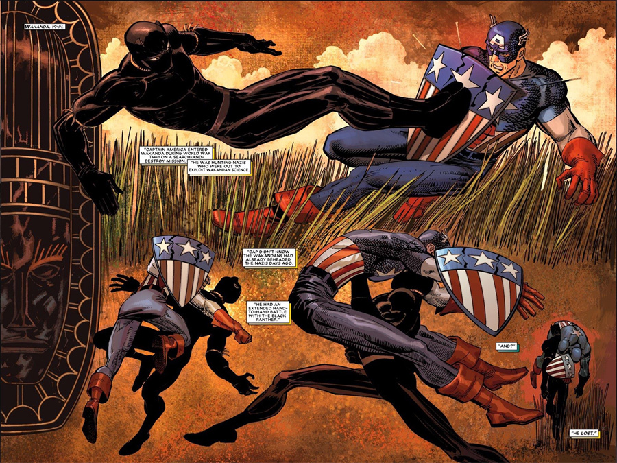 İkinci Dünya Savaşı sırasında Captain America dönemin Black Panther'i nden bir temiz dayak yerken.