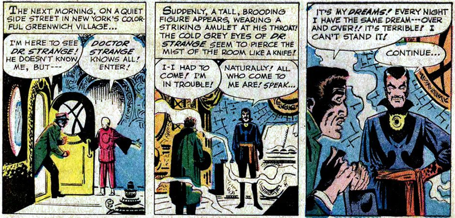 Doctor Strange'in okuyucuya "merhaba" dediği Strange Tales #110'dan bir bölüm (1963). 