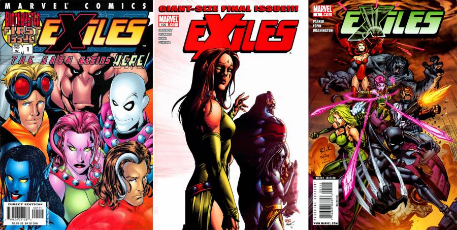 İlk sayı Exiles #1 (2001), son sayı Exiles #100 (2008) ve Exiles vol 2 #1 (2009)